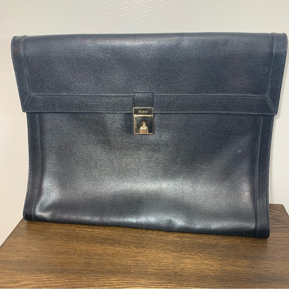 Vintage Gucci Black Leather Briefcase Document Case Holder No Key